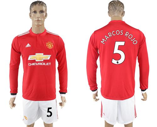 Manchester United #5 Marcos Rojo Red Home Long Sleeves Soccer Club Jersey - Click Image to Close